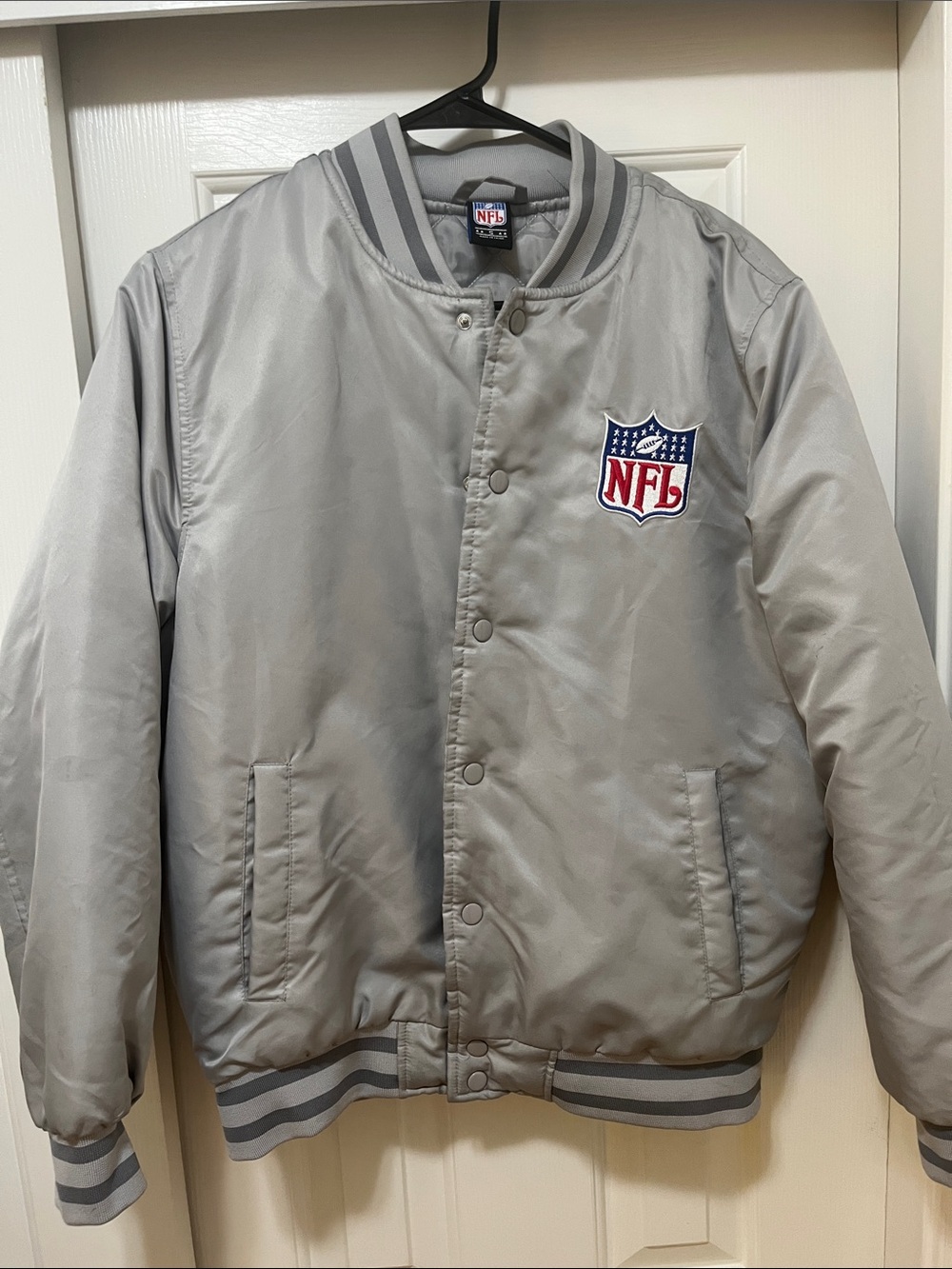 NFL Men’s Light Gray Satin Bomber Jacket with Embroidered Crest